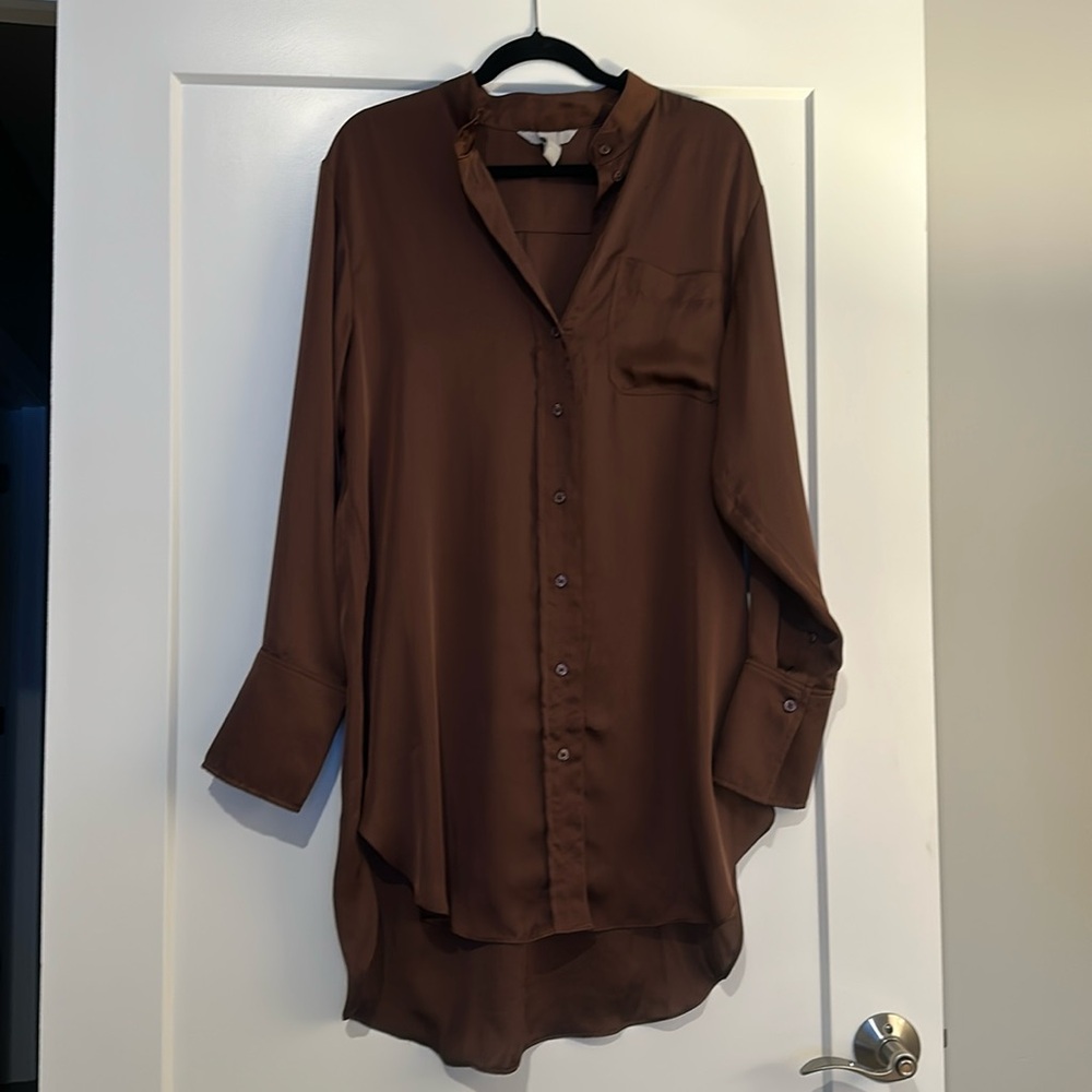 H&M Long Oversized Button-down Shirt Brown Size M